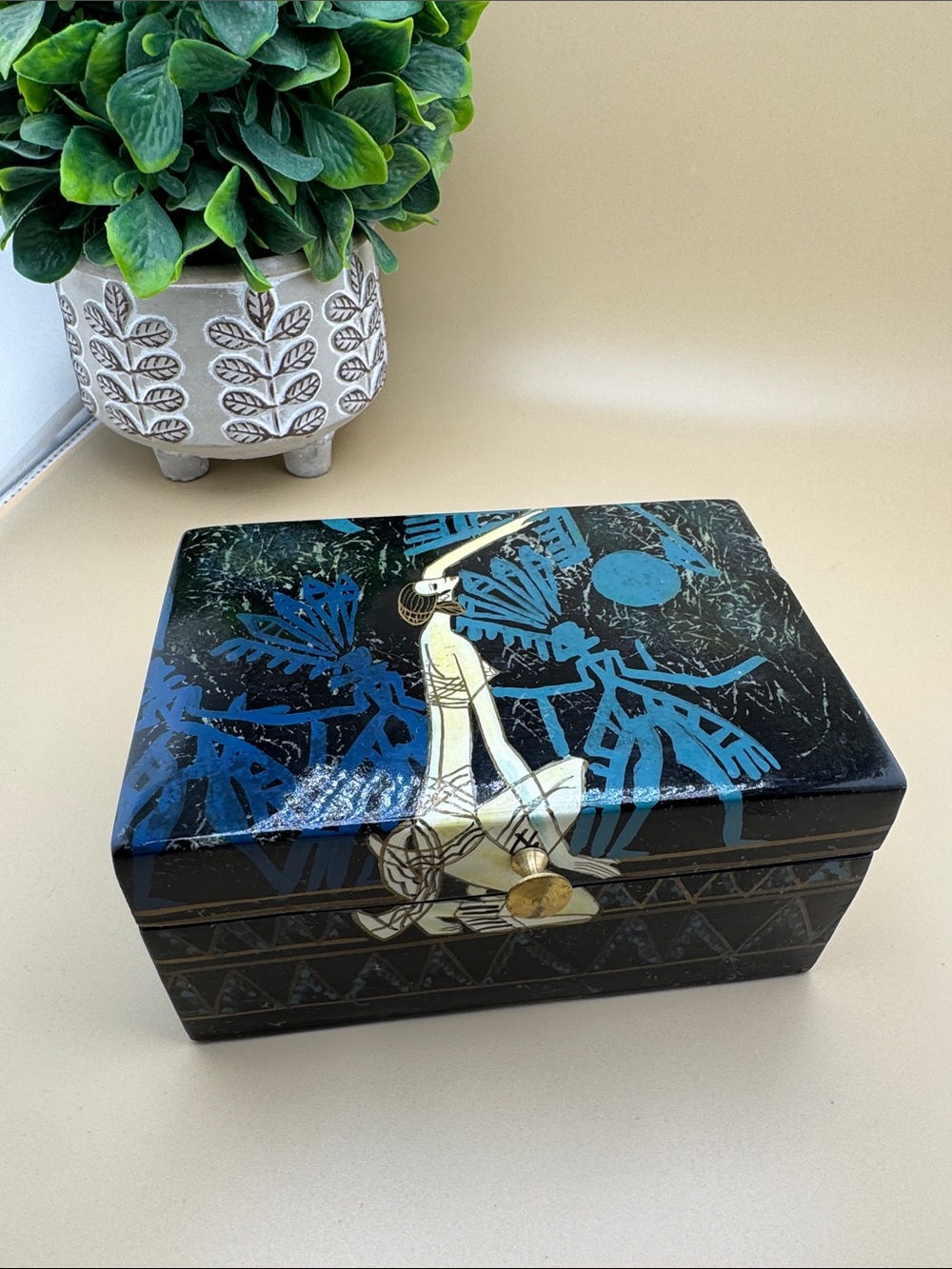 Vintage Hand Painted Wooden Jewelry Box Blue Black Asian Art Trinket Box